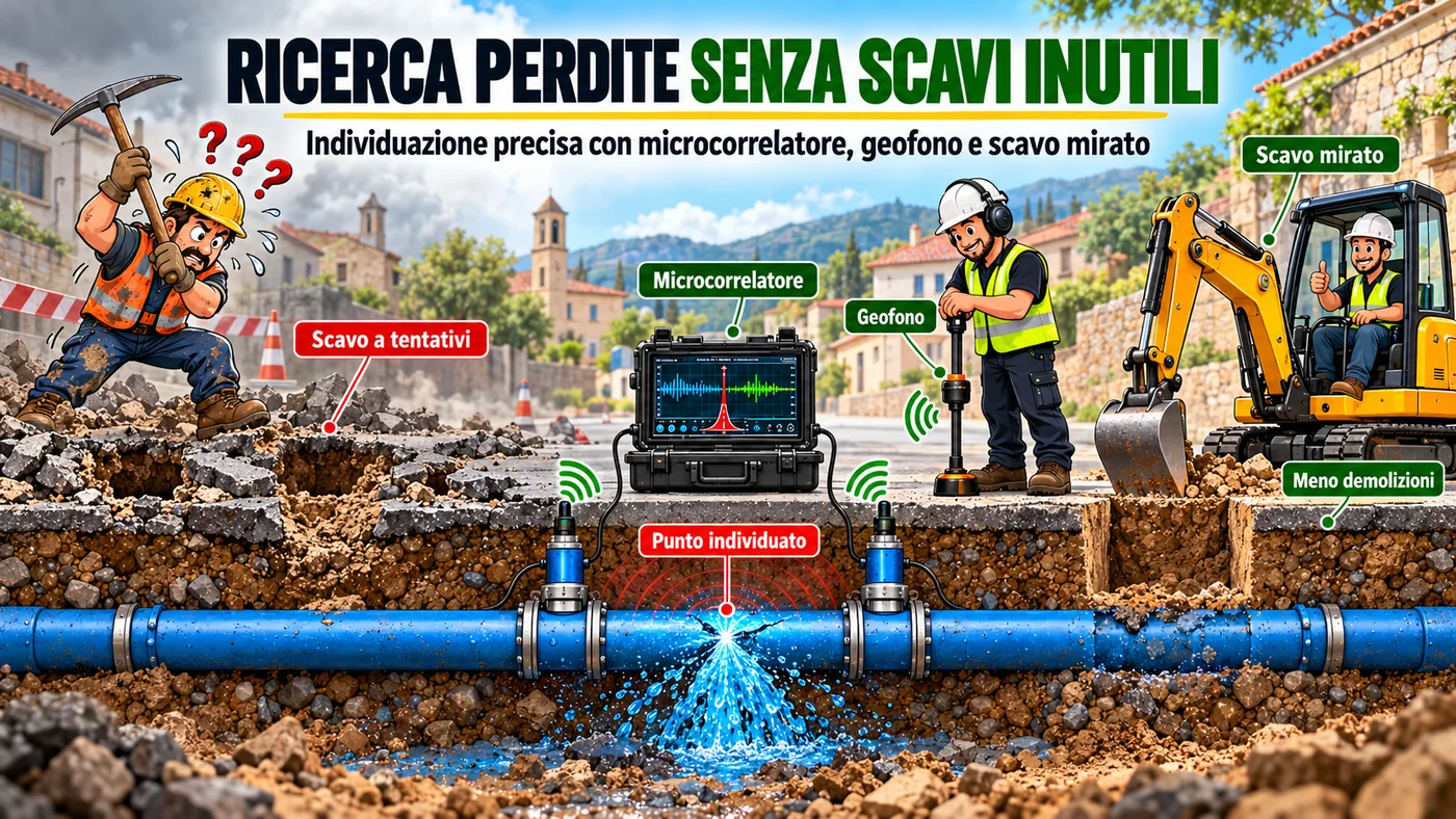 Ricerca perdite acqua con microcorrelatore, geofono e scavo mirato